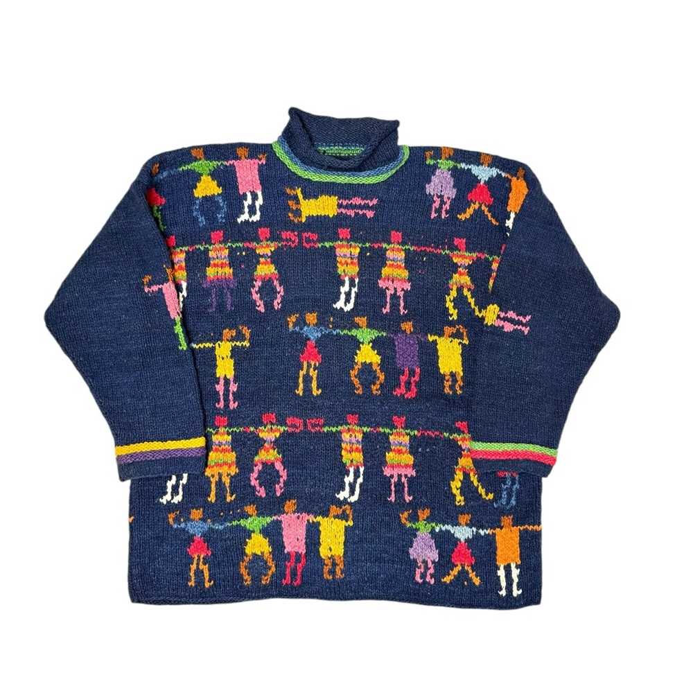 Vintage | Amano 100% Wool We The People Bolivian Folk Art Mock Neck Sweater Navy